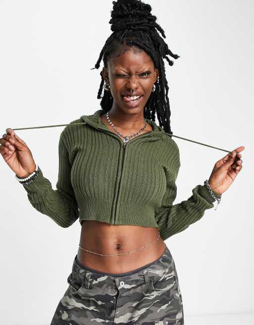 COLLUSION - Gebreide geribbelde cropped hoodie in kaki