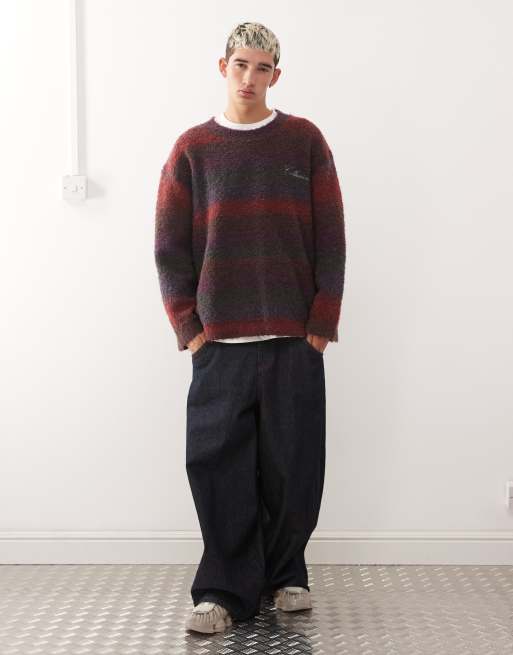 COLLUSION Crew neck knit sweater in burgundy stripe