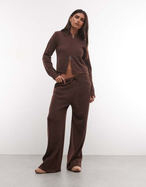 COLLUSION - Gebreide aansluitende hoodie met rits en joggingbroek in chocoladebruin, 3 van 3