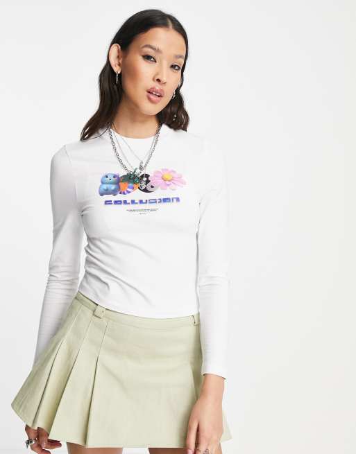 COLLUSION - Gekrompen T-shirt met anime print en lange mouwen in wit