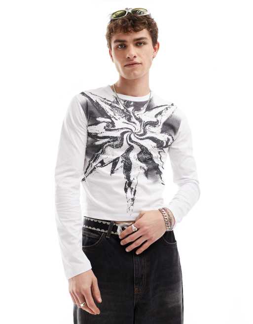 COLLUSION - Gekrompen T-shirt met lange mouwen en grafische krabbelprint in wit