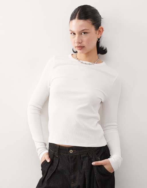COLLUSION - Geribbeld slim-fit T-shirt met lange mouwen in wit