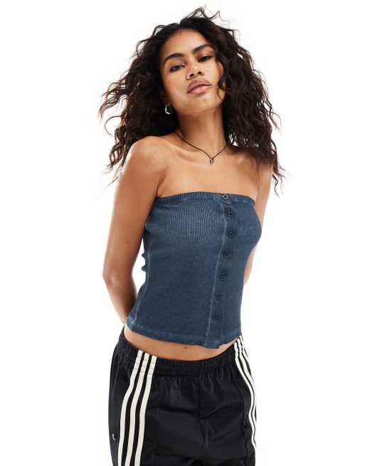 COLLUSION - Geribbelde bandeau met knopen in blauw met wassing