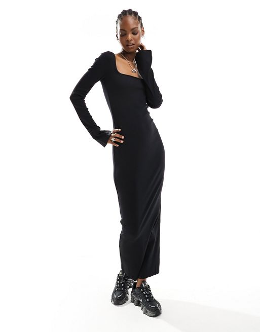 COLLUSION - Geribbelde maxi jurk met vierkante hals in zwart