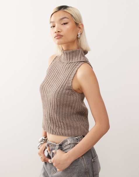 COLLUSION - Geribbelde top met col in chocoladebruin - view 1