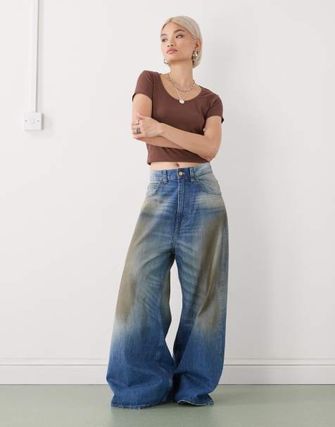 COLLUSION - Geribbelde top met korte mouwen en lage ronde hals in chocoladebruin - view 1