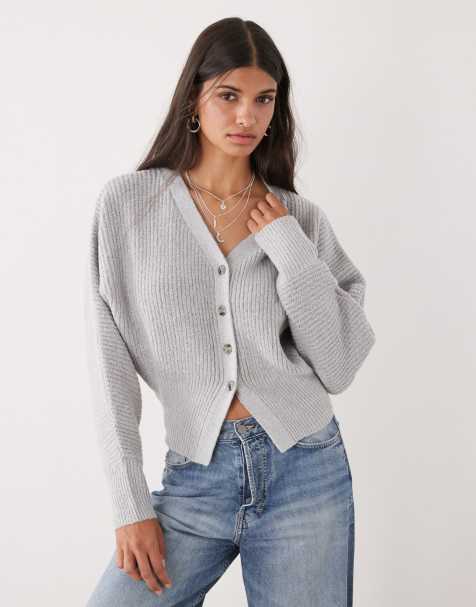 COLLUSION – Gerippte Strickjacke in Grau mit V-Ausschnitt - view 1