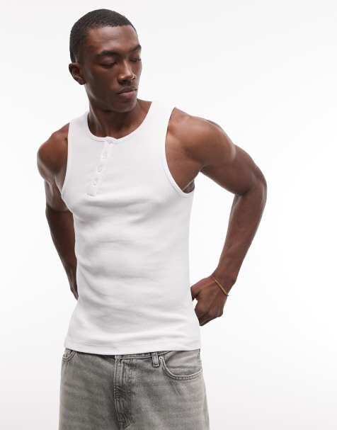 COLLUSION – Geripptes, asymmetrisches Henley-Trägertop in Weiß - view 1