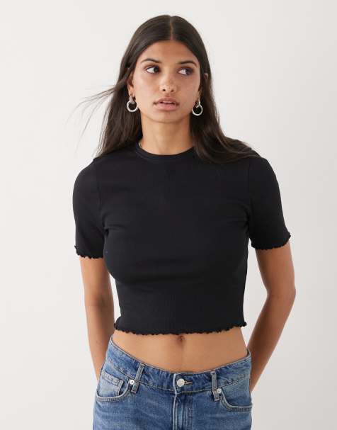 COLLUSION – Geripptes T-Shirt in Schwarz mit gekräuseltem Saum - view 1