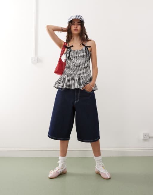 COLLUSION - Gesmokte camitop met strikdetails en gingham ruit in zwart en wit, 3 van 4
