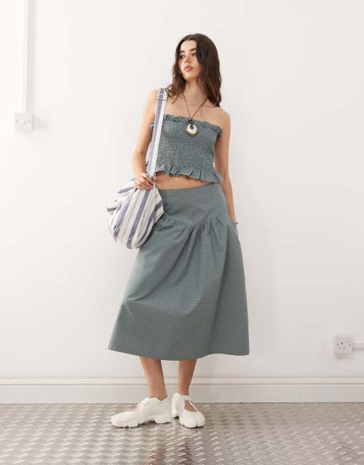 COLLUSION - Gesmokte festival bandeau-top in groen geruit, deel van co-ord set , 4 van 4