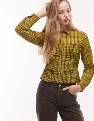 COLLUSION - Gesmokte, figurbetonte Hemdbluse in kariertem Grün