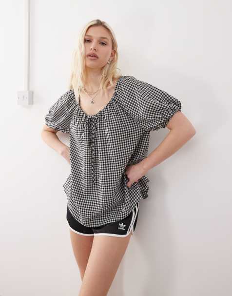 COLLUSION - Gesmokte top in mono gingham ruit - view 1