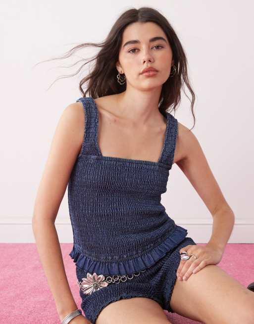 COLLUSION – Gesmoktes Jeans-Camisole in Blau, Kombiteil