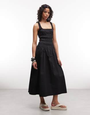 COLLUSION - Gesmoktes Midikleid in Schwarz mit eckigem Ausschnitt