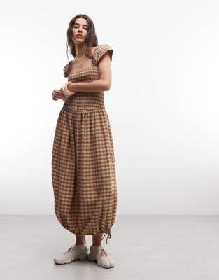 Gesmoktes Midikleid mit strukturiertem Karomuster in Grün und Flügelärmeln Grün 44