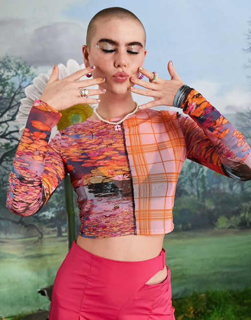 COLLUSION - Gesplitste crop top met lange mouwen van mesh in oranje
