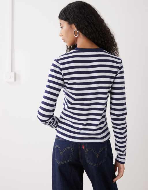 COLLUSION - Gestreept T-shirt met lange mouwen en V-hals in blauw en wit, 2 van 4