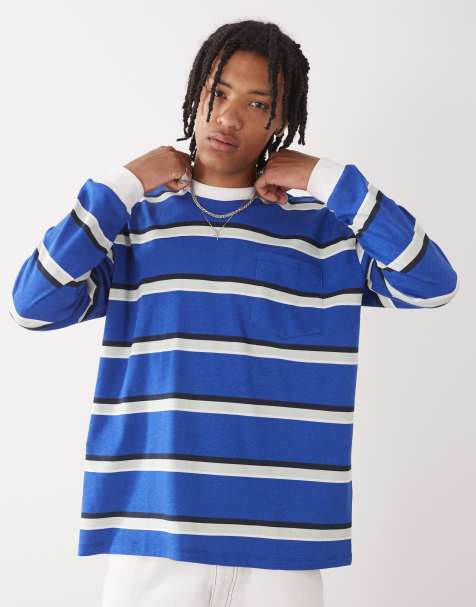 COLLUSION - Gestreept T-shirt met lange mouwen en zak in blauw - view 1