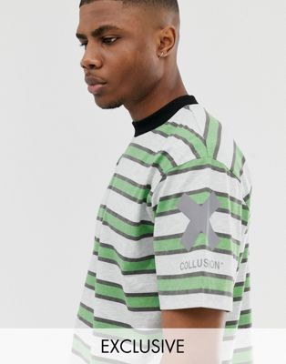 COLLUSION - Gestreept T-shirt met reflecterende logoprint-Groen