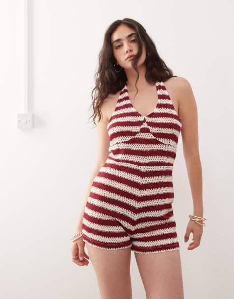 COLLUSION - Gestreepte playsuit met halternek in rood - view 1