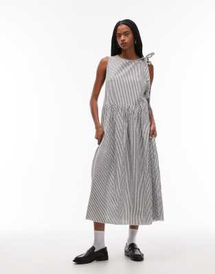 COLLUSION - Gestreiftes Midikleid in Grau und Weiß mit Wickel- und Bindedetail
