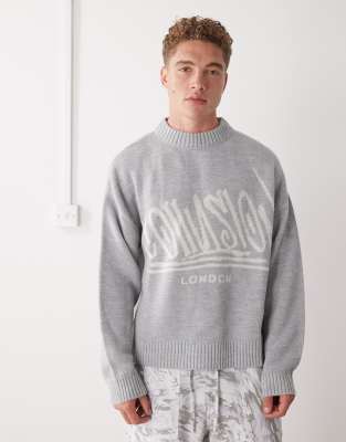 Gestrickter, kastiger Sweatshirt-Pullover mit Print-Detail-Grau Grau XS