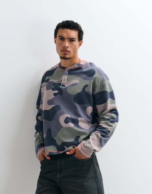COLLUSION gewassen T-shirt met lange mouwen en wafelstructuur in camo, 2 van 5