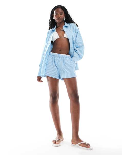 COLLUSION - Geweven gestreepte strand-boxershort in blauw, deel van co-ord set - view 1