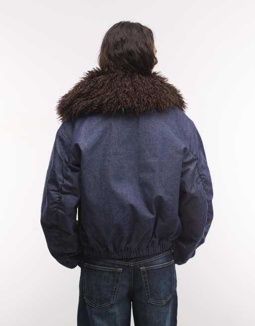 COLLUSION giacca bomber imbottita con colletto in pelliccia sintetica in denim, 3 di 4