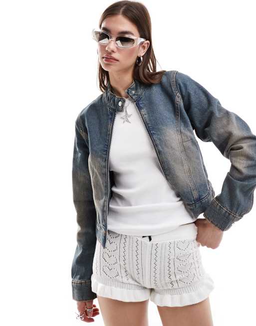 COLLUSION - Giacca da festival stile motociclista in denim blu lavaggio medio