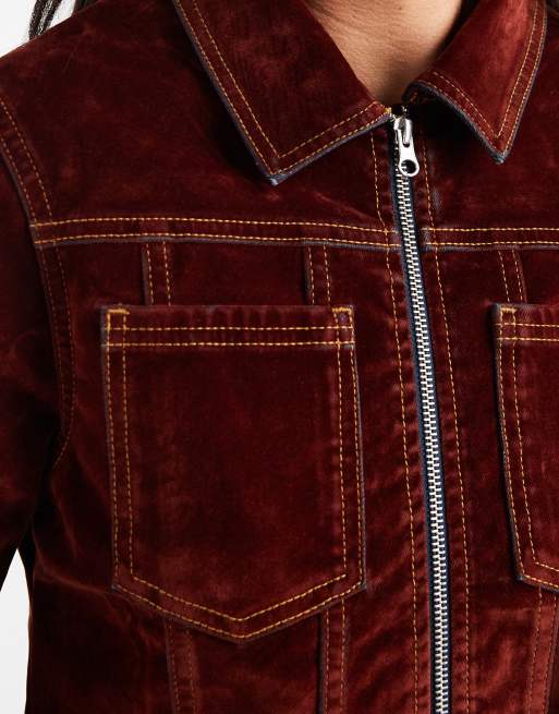 COLLUSION - Giacca in denim floccata arancione brunito con cuciture a contrasto in coordinato, 4 di 4