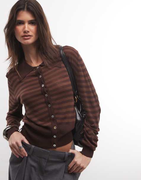 COLLUSION gilet en maille transparente à rayures marron - view 1