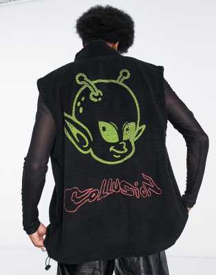 COLLUSION - Gilet in pile nero con zip lunga