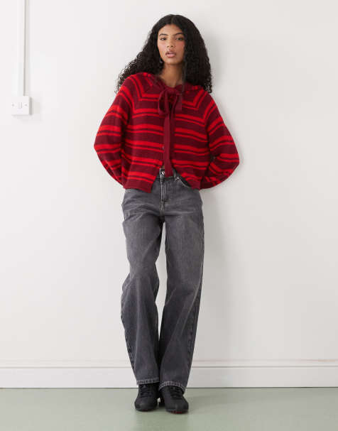 COLLUSION - Gilet rayé à écharpe style capuche - Rouge - view 1