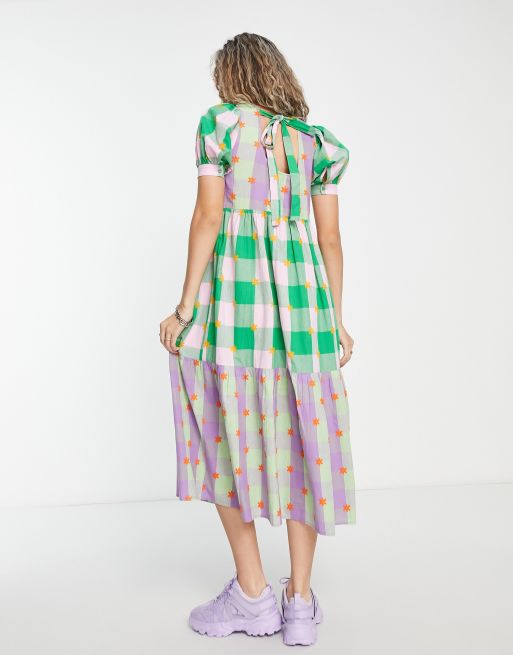 COLLUSION gingham midi smock dress with embroidery in multi | ASOS