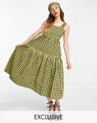 COLLUSION gingham midi tiered sundress dress in yellow black ASOS