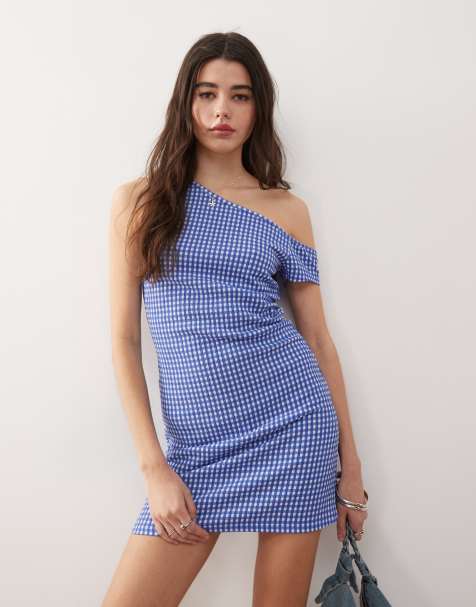 COLLUSION gingham off shoulder mini dress in blue - view 1