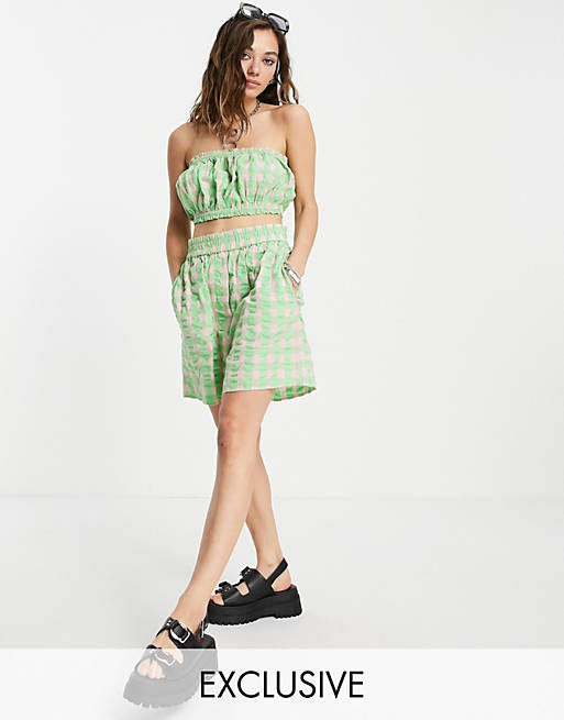 COLLUSION gingham seersucker bandeau crop top co-ord in green and pink