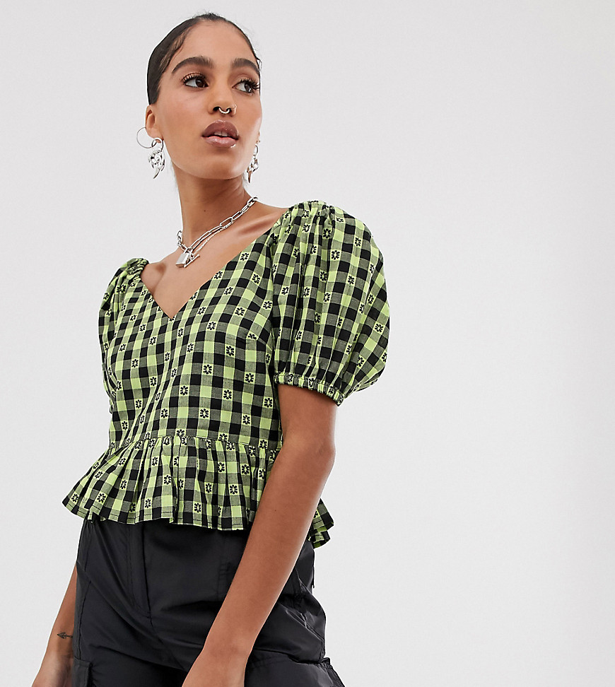 COLLUSION gingham short sleeve top-Green
