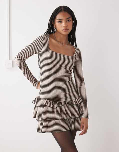 COLLUSION gingham textured square neck long sleeve dress in brown - view 1