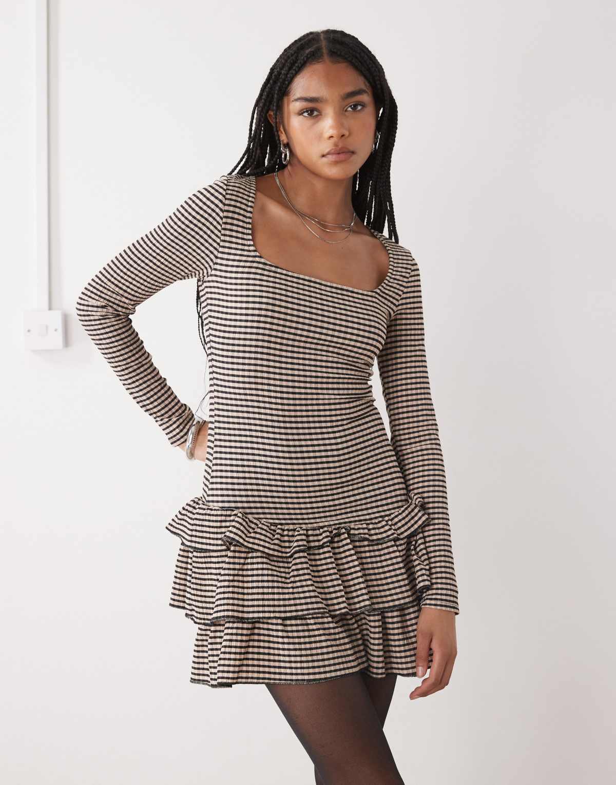 COLLUSION gingham textured square neck long sleeve dress in brown