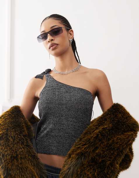 COLLUSION - Glinsterende gebreide top met blote schouder in zwart - view 1