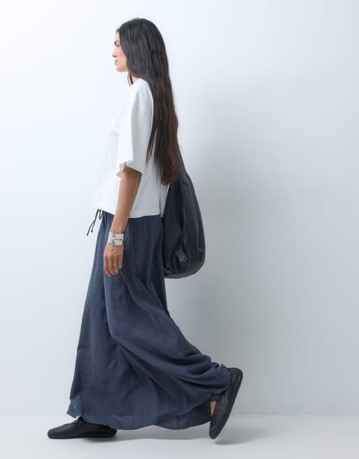 COLLUSION - Gonna lunga grigia e blu navy a quadri con coulisse, 2 di 5