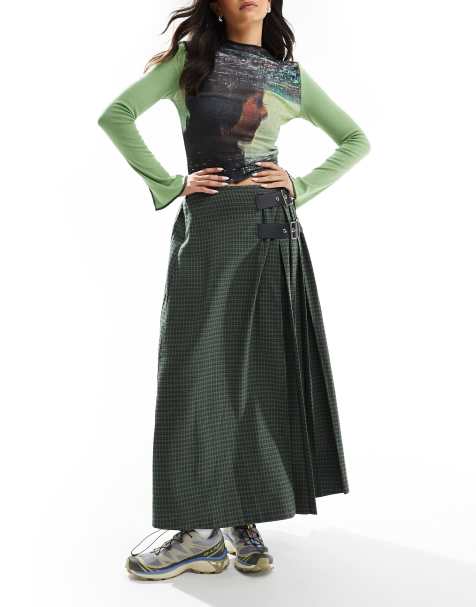 COLLUSION - Gonna lunga stile kilt verde a quadri - view 1