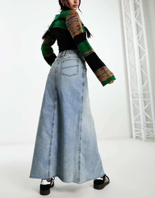 COLLUSION Gonna svasata lunga in denim blu lavaggio vintage con spacco sul davanti