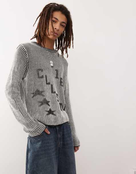 COLLUSION - Grå strikket trøje med rund hals og petroleumsblåt print - view 1