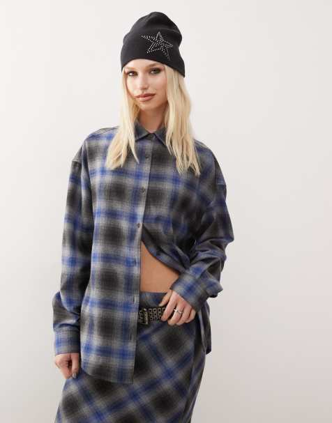 COLLUSION - Gråblå oversized skjorte med tern i børstet materiale - view 1