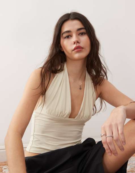 COLLUSION – Gräddvit, åtsmitande och lång topp i cupro med halterneck - view 1