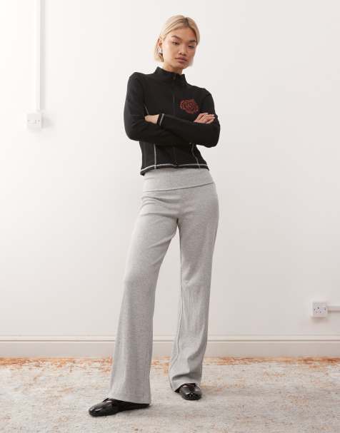 COLLUSION – Gråmelerade, ribbade yogabyxor med utsvängd design och nedvikt midja - view 1